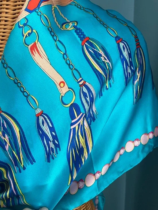 Vibrant Turquoise Silk Scarf with Tassel Print 42 x 42 - Picture 9 of 16